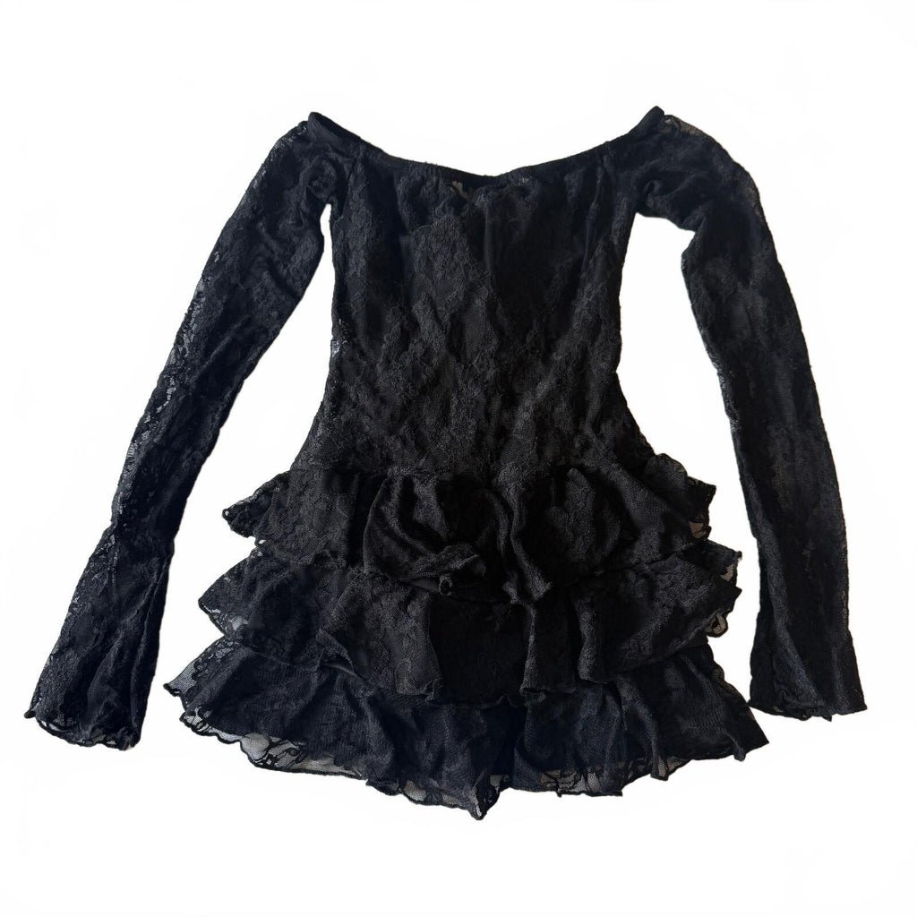 Pretty Little Thing Black Lace Bardot Long Sleeve Skort Playsuit Women's Sz 4