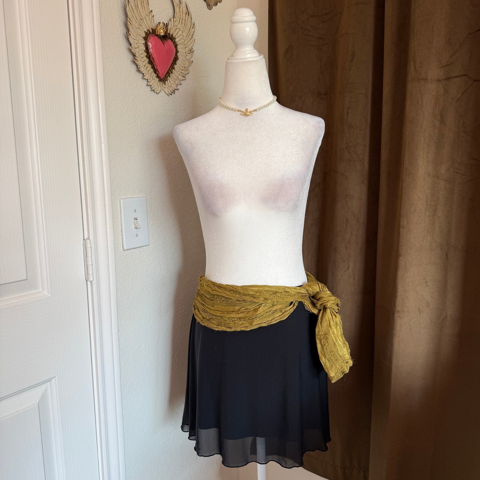 Citara Pleated Olive Green Rayon Scarf with Floral Embroidery Bohemian Layering
