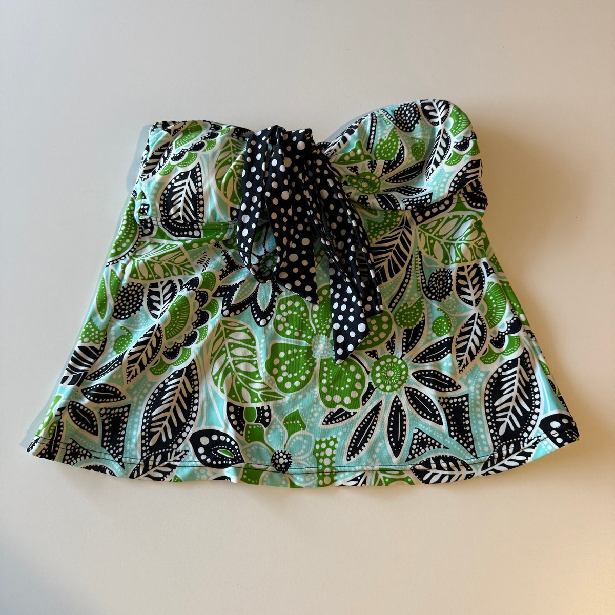 Island Escape Green Floral Polka Dot Whimsical Swimwear Bow Detail Blouse