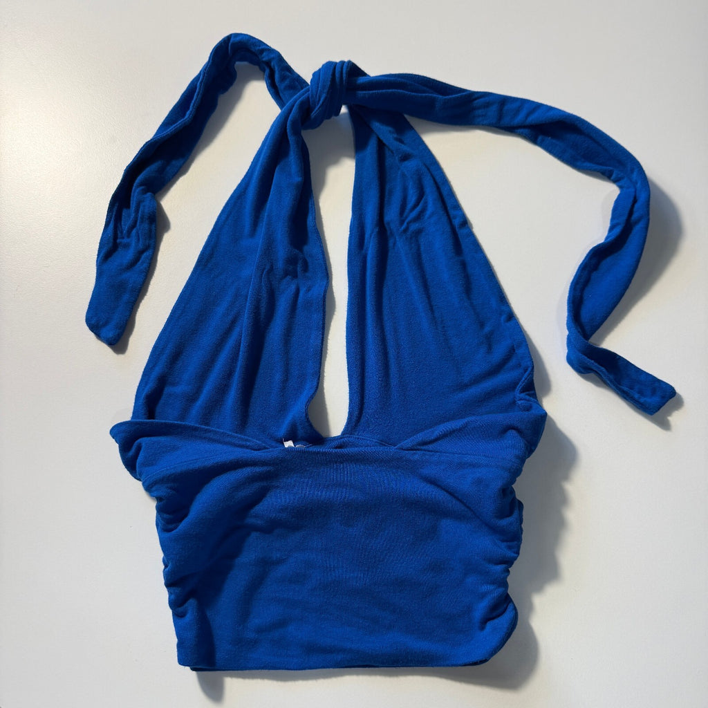 PacSun PAC Cares Cobalt Blue Halter Top Ruched Tie Neck XS Y2K Festival Rave