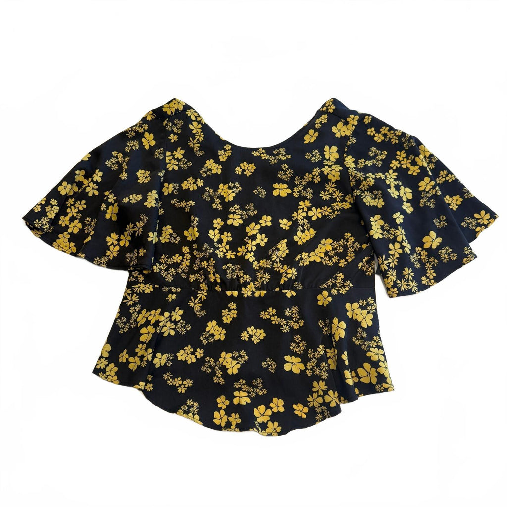 Who What Wear Women's Black and Yellow Floral Peplum Blouse Size Small