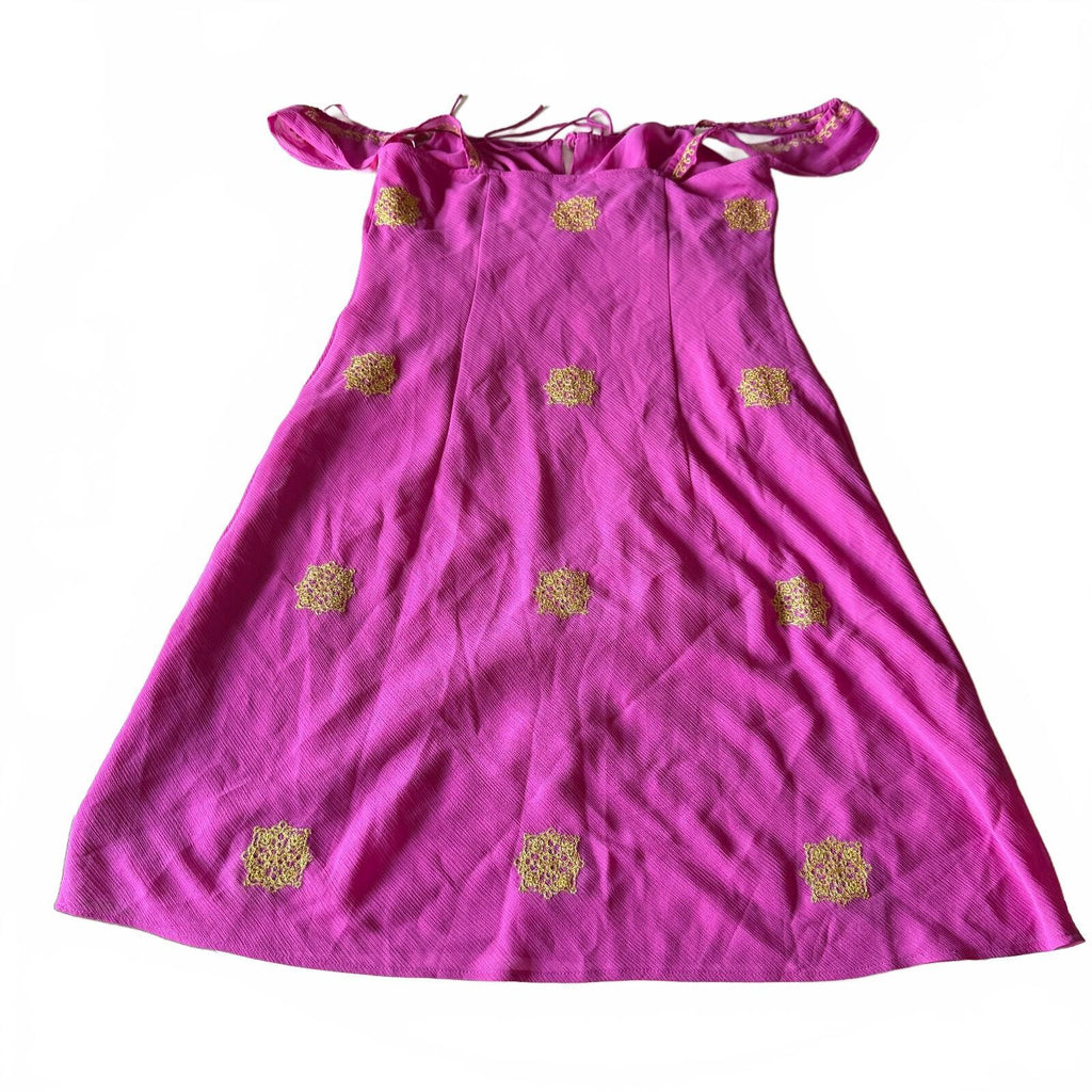 Y2K New York & Co Women's Gold Detail Flutter Sleeve Pink Mini Dress Tie Detail
