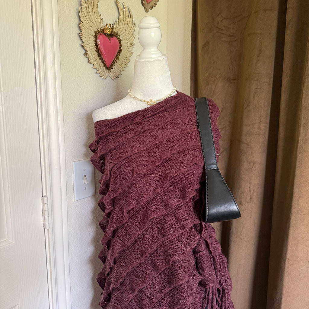Max Edition Y2K Plum Ruffle Knit Fringe Asymmetrical Poncho Shawl Boho OS
