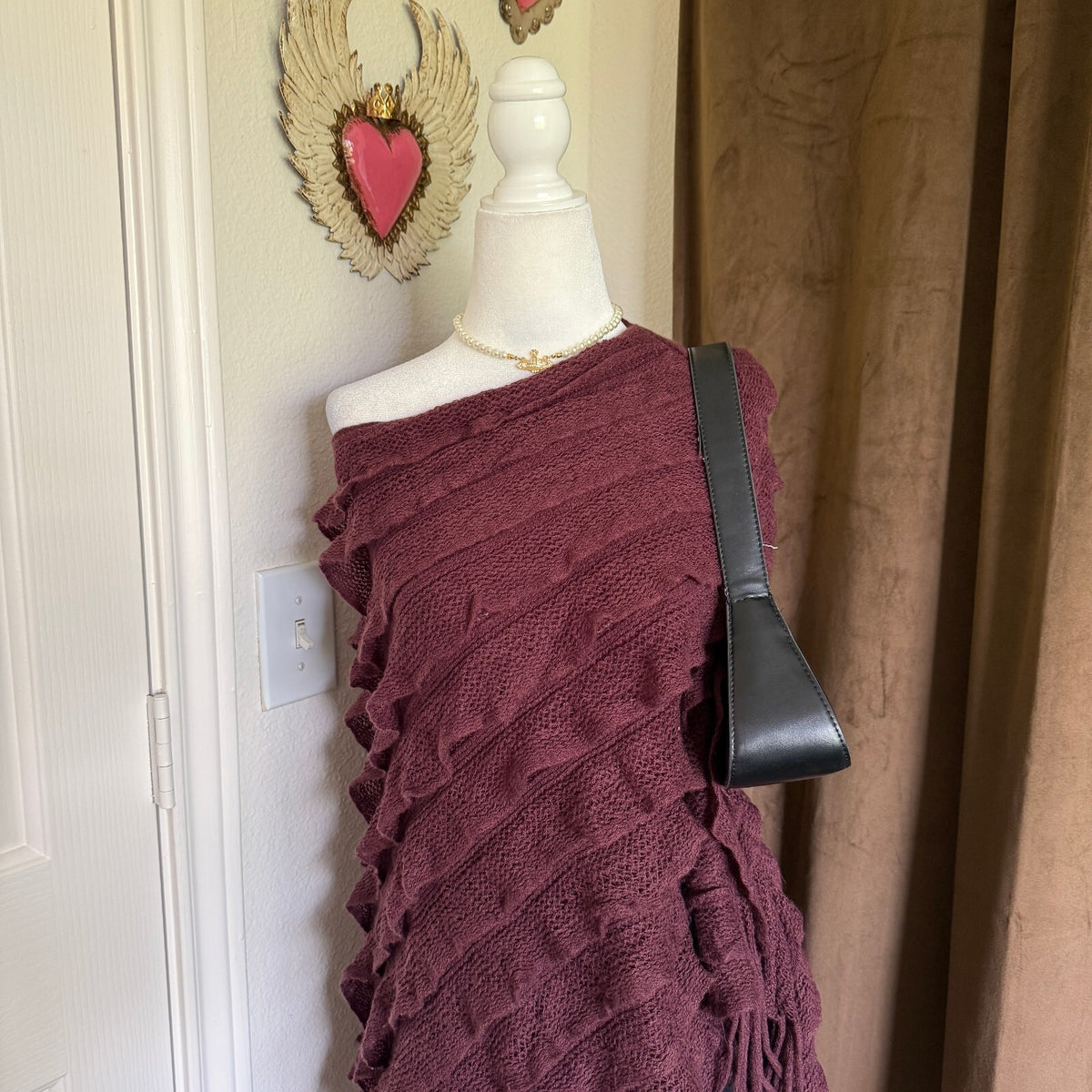 Max Edition Y2K Plum Ruffle Knit Fringe Asymmetrical Poncho Shawl Boho OS
