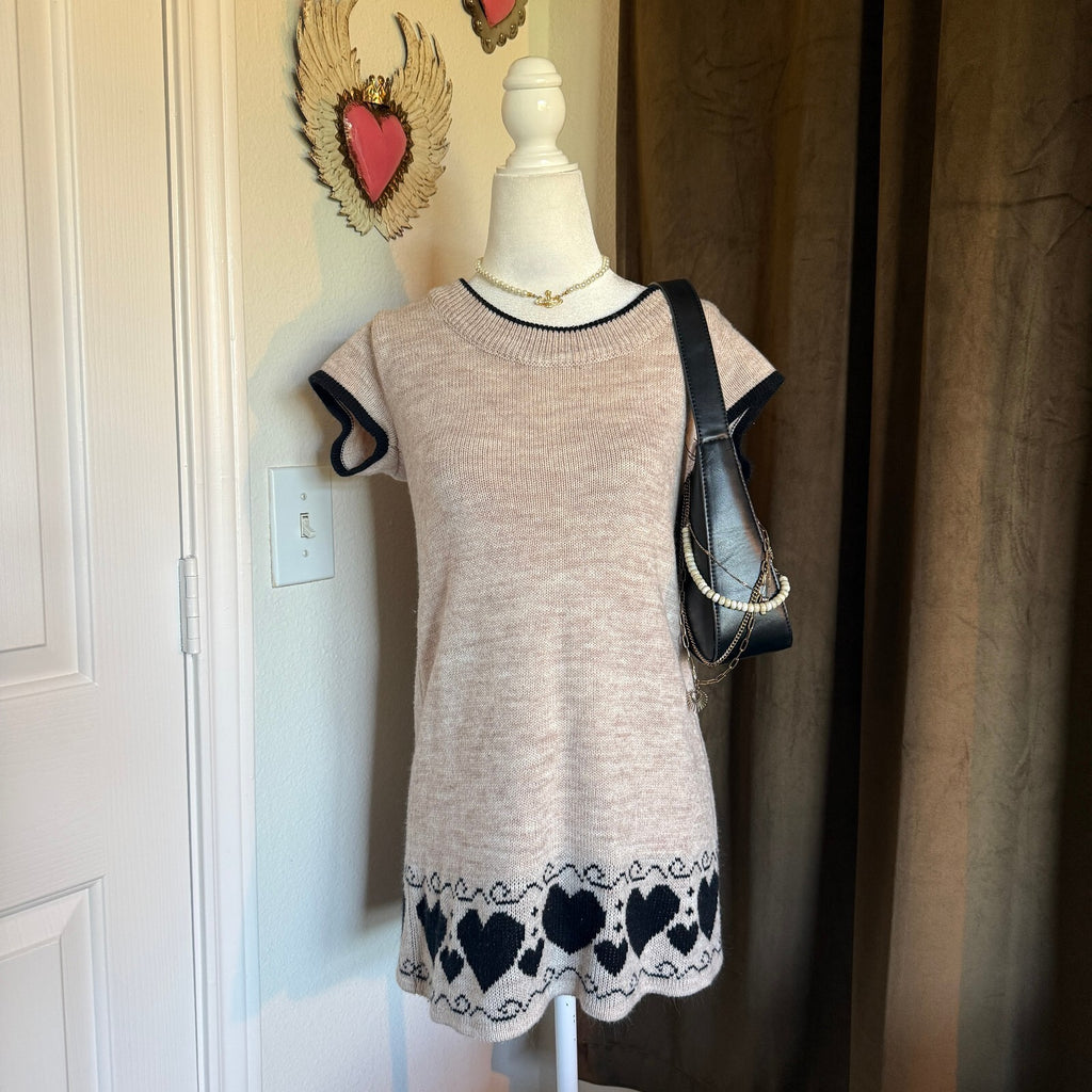 Heart Detail Knit Sweater Mini Dress Cozy Fair Isle Hem Fall Sz Xs/Small