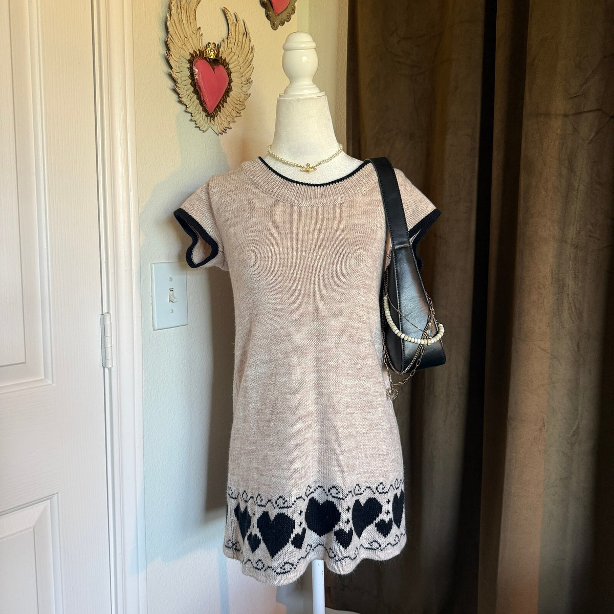 Heart Detail Knit Sweater Mini Dress Cozy Fair Isle Hem Fall Sz Xs/Small