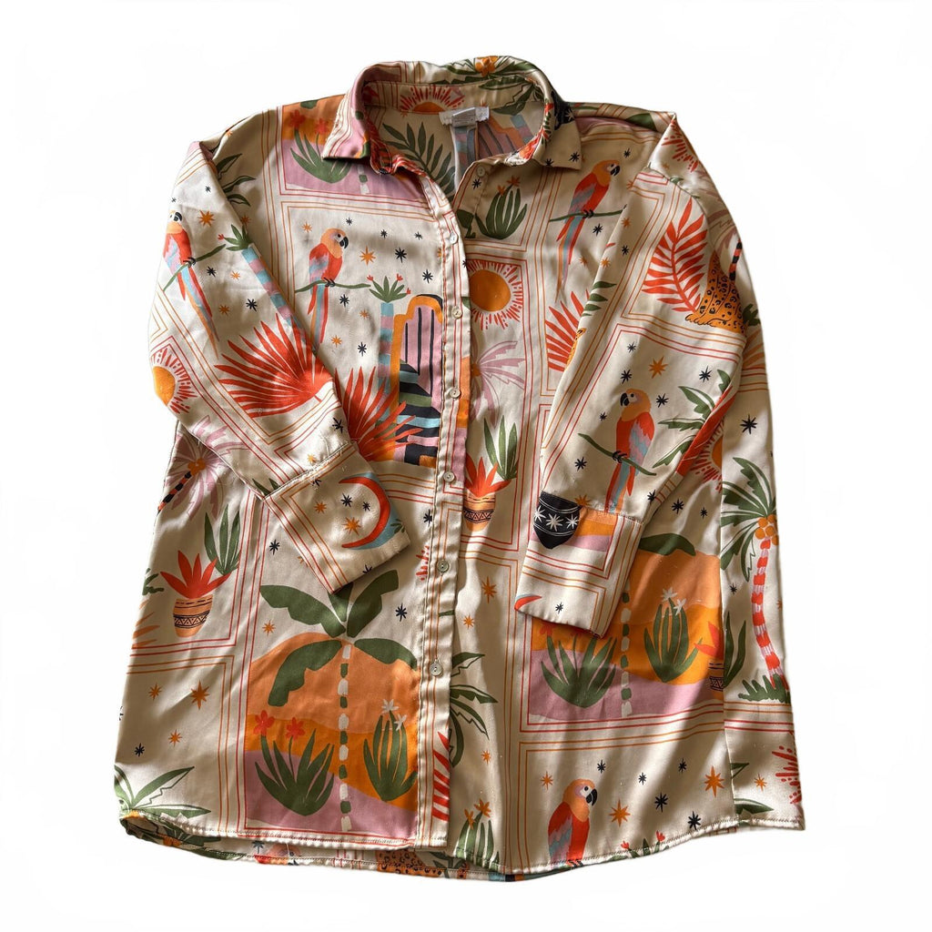 House of Harlow 1960 Women's Medium Button-Up Shirt Dress with Colorful Tropical