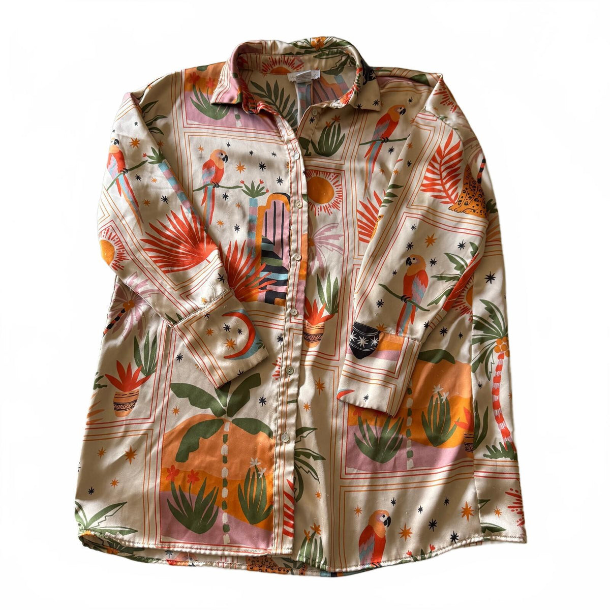 House of Harlow 1960 Women's Medium Button-Up Shirt Dress with Colorful Tropical