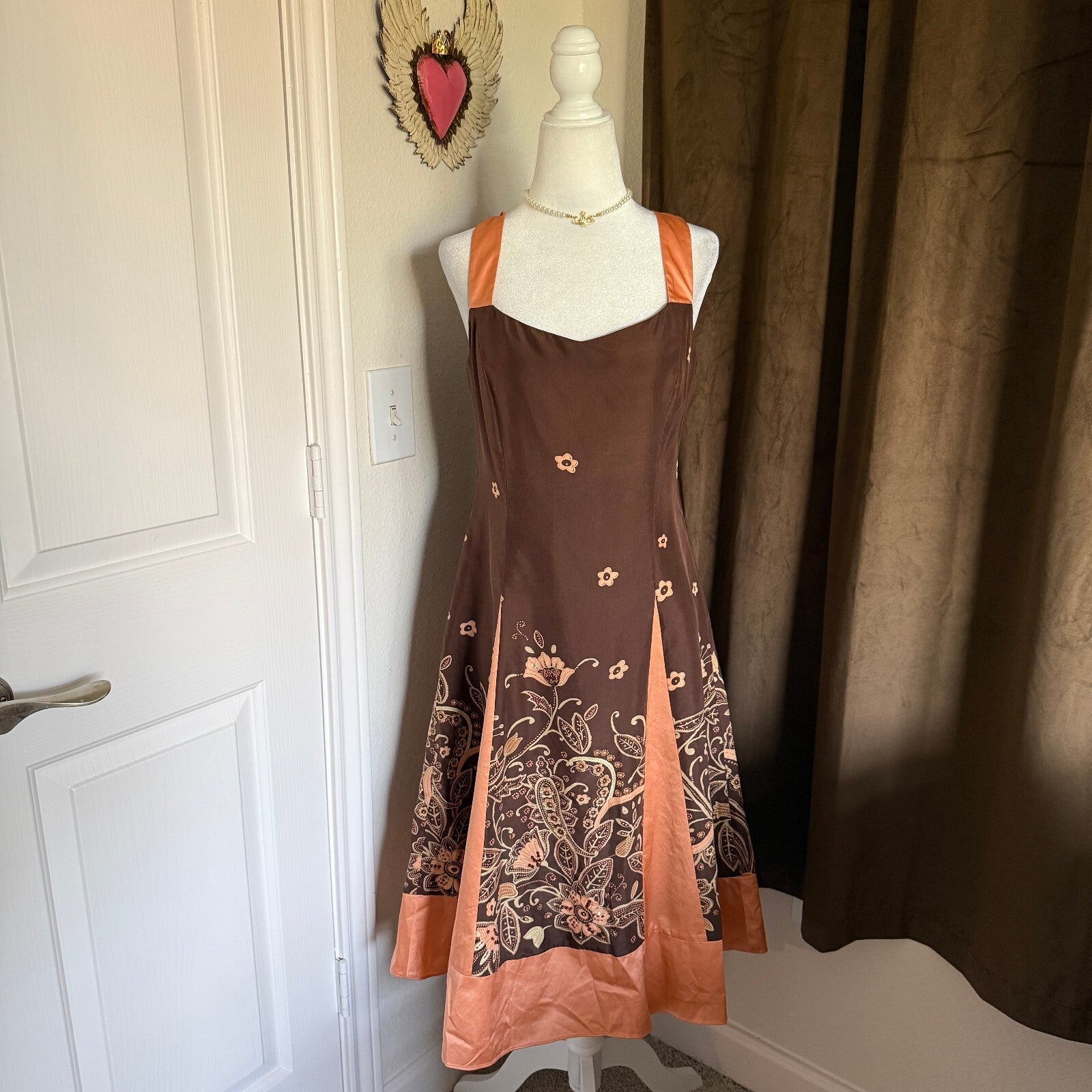 Adrianna Fairy Silk Y2K Beaded Brown Peach Floral Paisley Dress Women's SZ 8