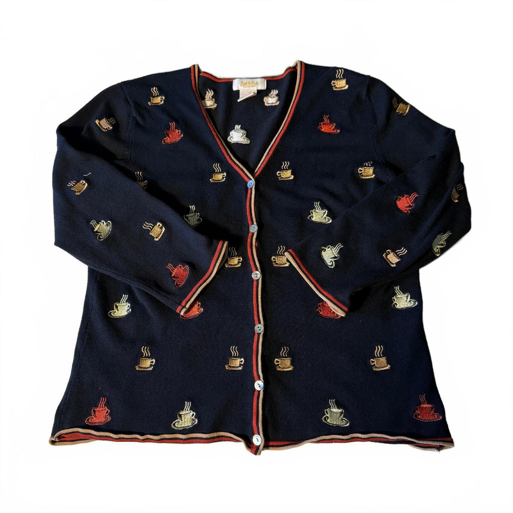 Peck & Peck 90s Coffee Cup Embroidered Button-Up Cardigan Novelty Grandmacore M