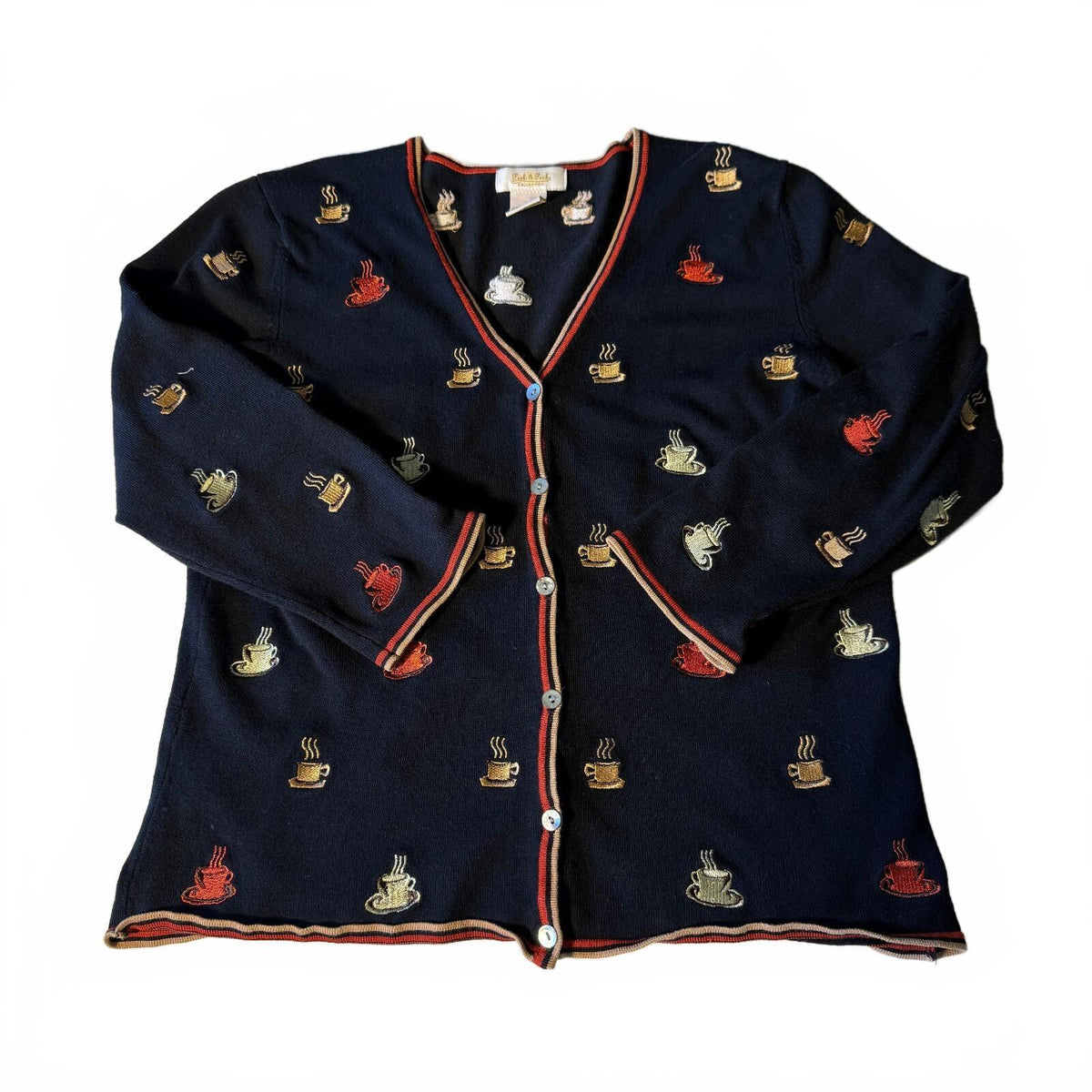 Peck & Peck 90s Coffee Cup Embroidered Button-Up Cardigan Novelty Grandmacore M