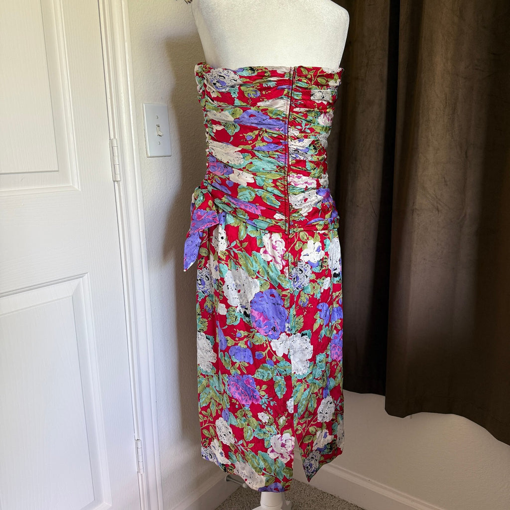 Vintage Silk Party Dress Strapless Frock 1980s Maddy London Red White Purple
