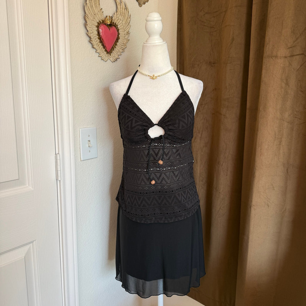 Ocean Pacific Black Crochet Halter Tankini Top Juniors Size LG Swimsuit