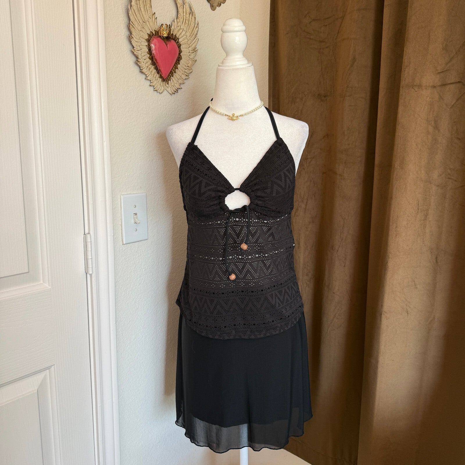 Ocean Pacific Black Crochet Halter Tankini Top Juniors Size LG Swimsuit