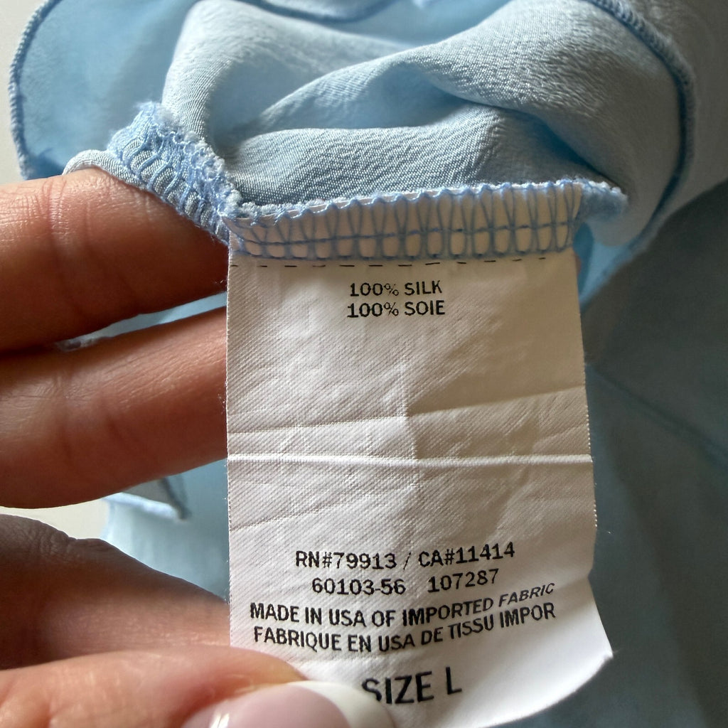 Blue 100% Silk V-Neck Women's Tie Detail Mimi Maternity Blouse Women's Sz Large