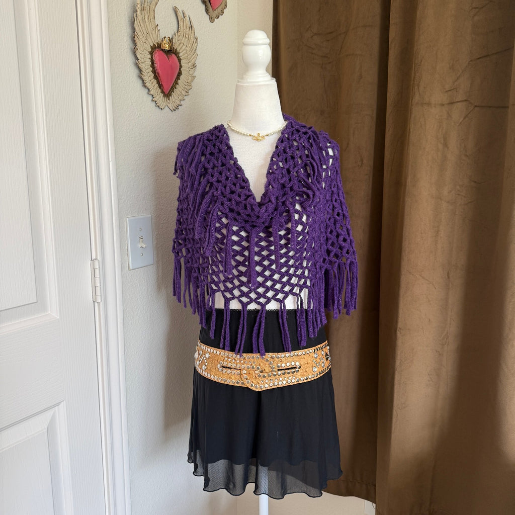 Mudd Y2K Purple Crochet Fringe Poncho Scarf Boho Witch Festival Sparkle Cover Up