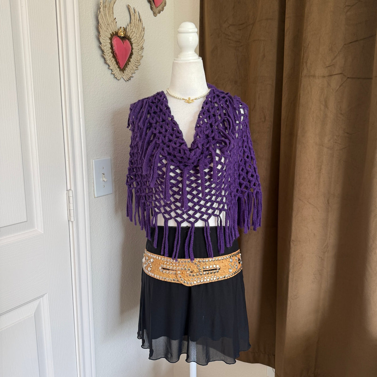 Mudd Y2K Purple Crochet Fringe Poncho Scarf Boho Witch Festival Sparkle Cover Up