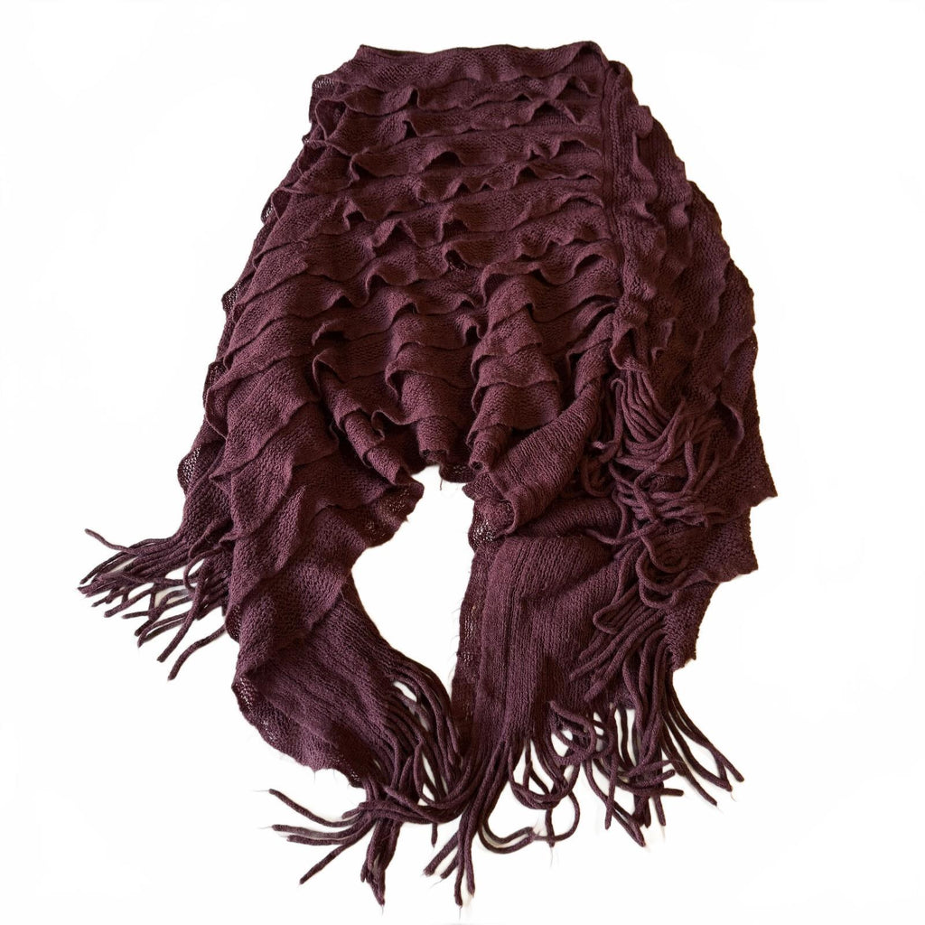 Max Edition Y2K Plum Ruffle Knit Fringe Asymmetrical Poncho Shawl Boho OS