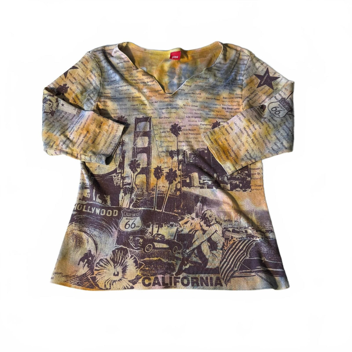 Y2K Glima California Baby Tee Rare Hollywood Route 66 Collage Printed V-Neck