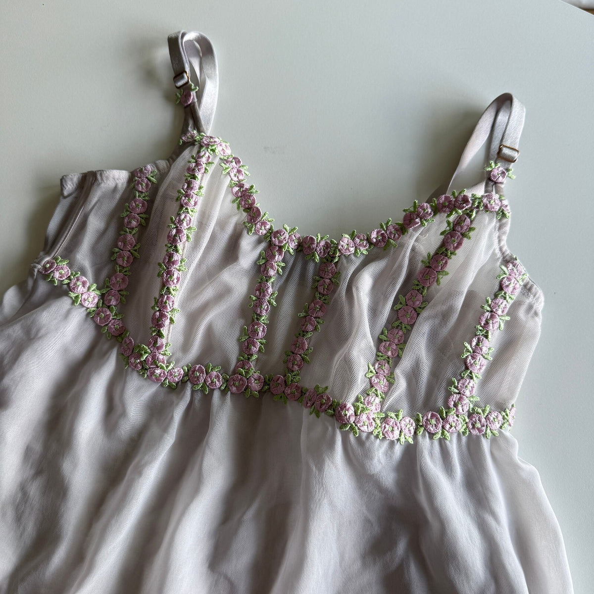 Fairycore Sheer Floral Embroidered Cami Babydoll Top Blush Pink Vtg Balletcore