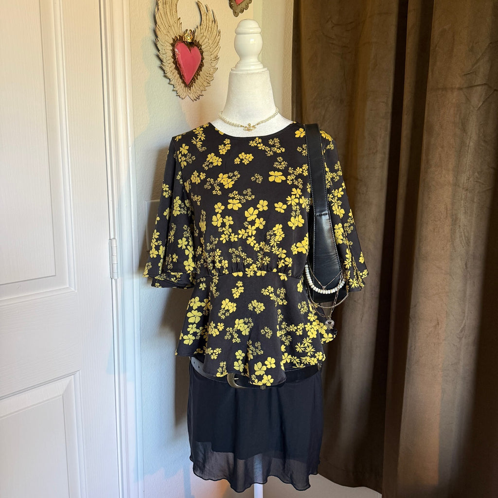 Who What Wear Women's Black and Yellow Floral Peplum Blouse Size Small
