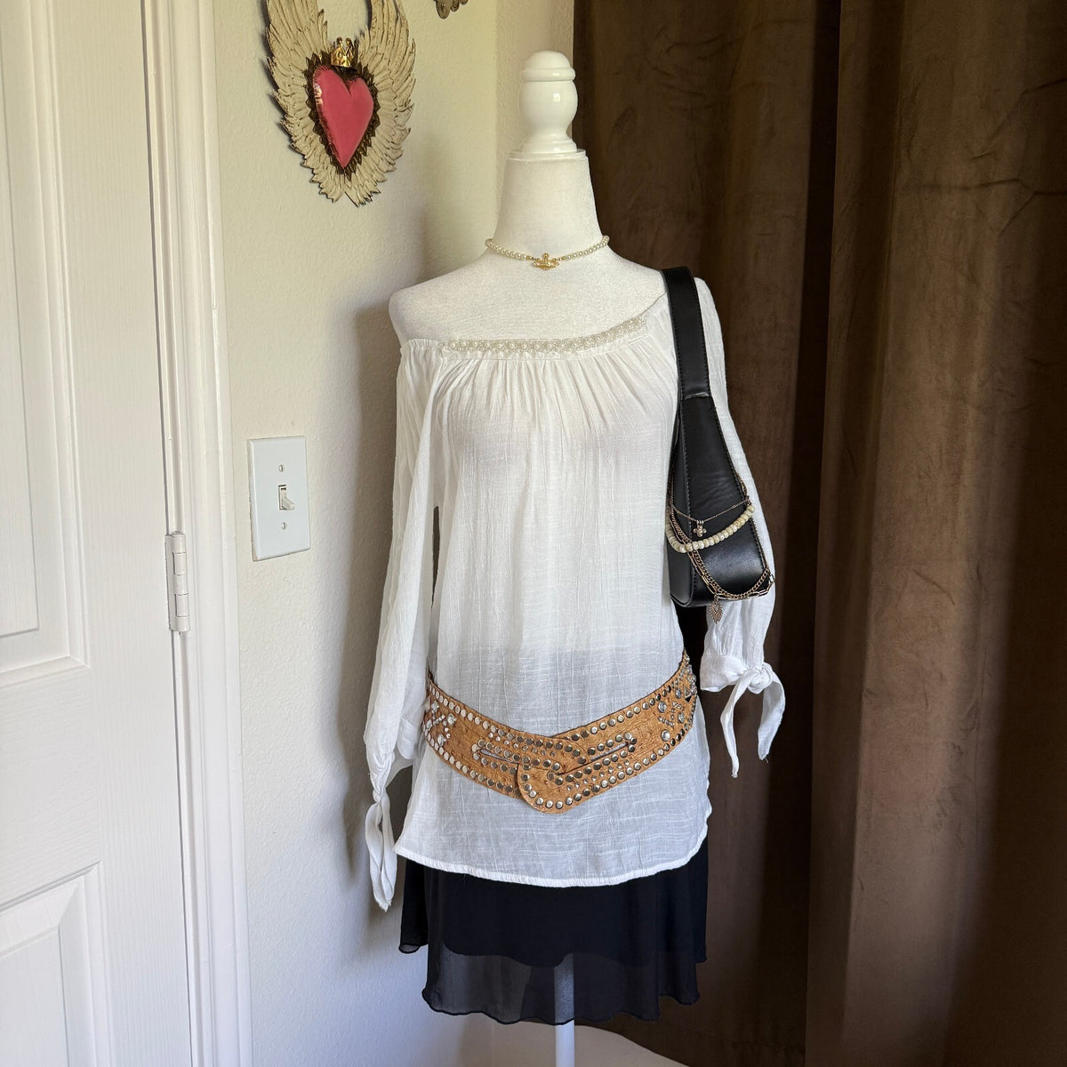 Mlle Gabrielle White Off Shoulder Pearl Trim Boho Top Cottagecore Fairycore Sz S