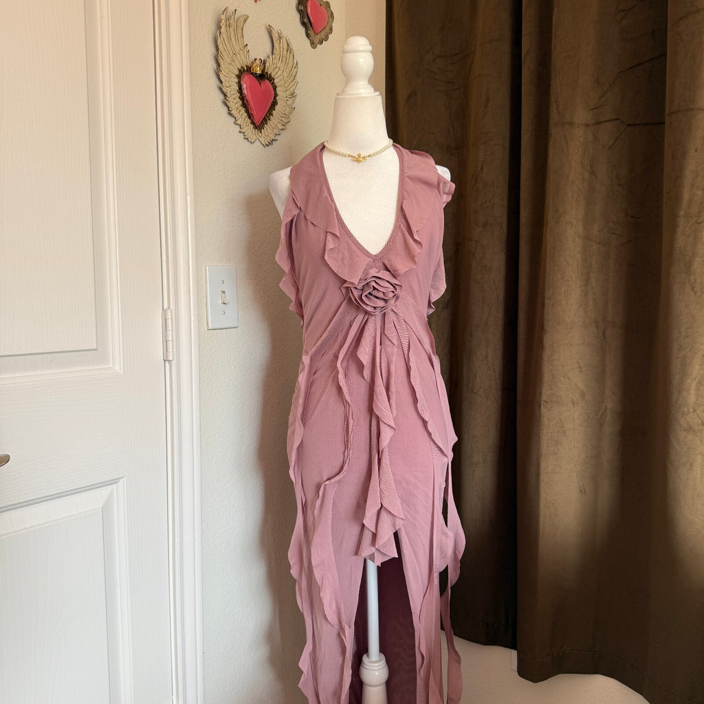 Murci Soft Romantic Ruffled Formal Dress with Floral Accent Women's 8