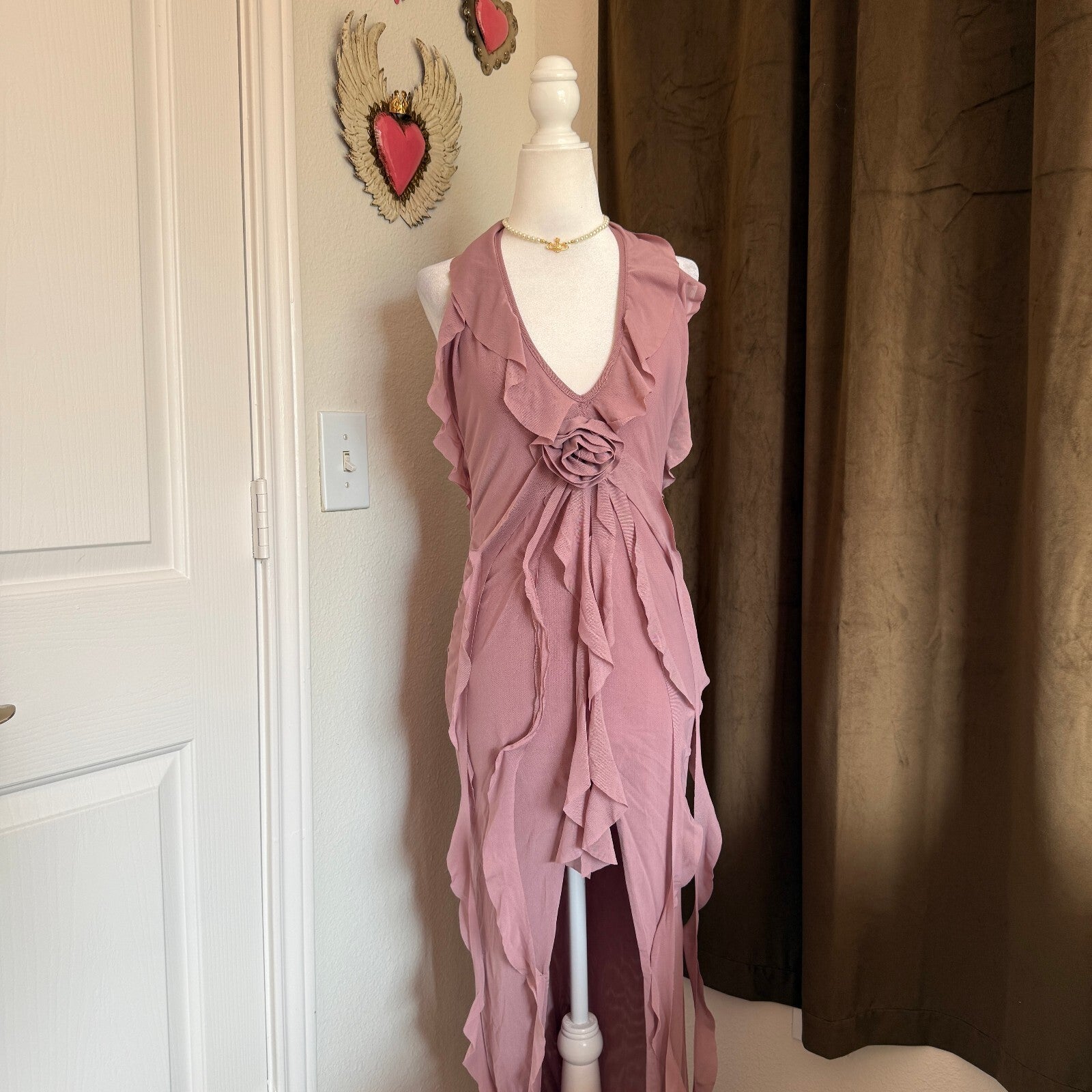 Murci Soft Romantic Ruffled Formal Dress with Floral Accent Women's 8