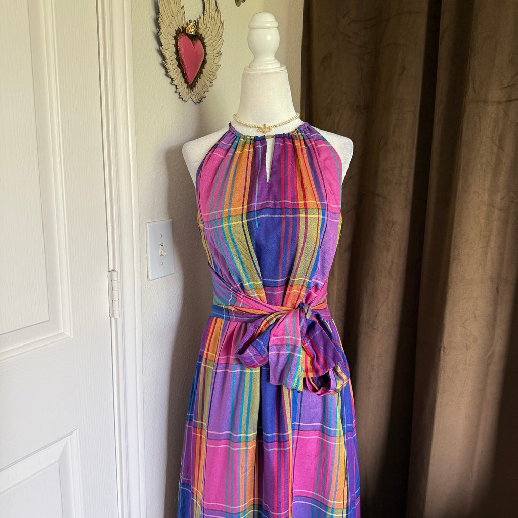 Ann Taylor Madras Rainbow Plaid Belted Halter Dress Women's Size 2, Brand NWT