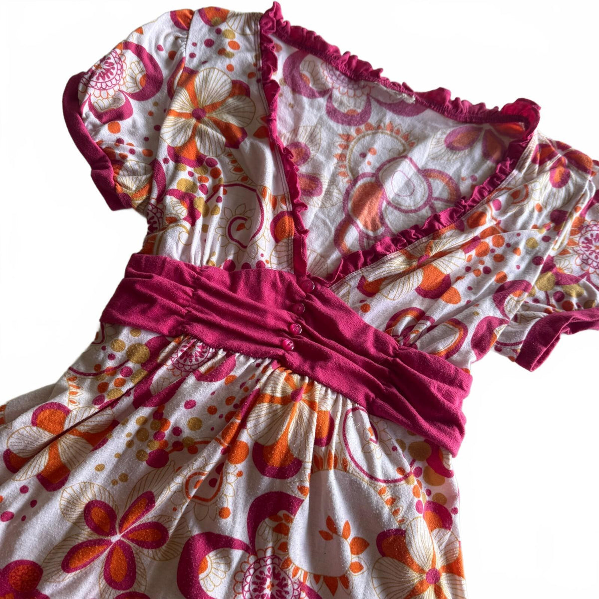 Pink Orange Floral Babydoll Top Boho 70s Vintage Tie Waist Ruffle Y2K Size XL