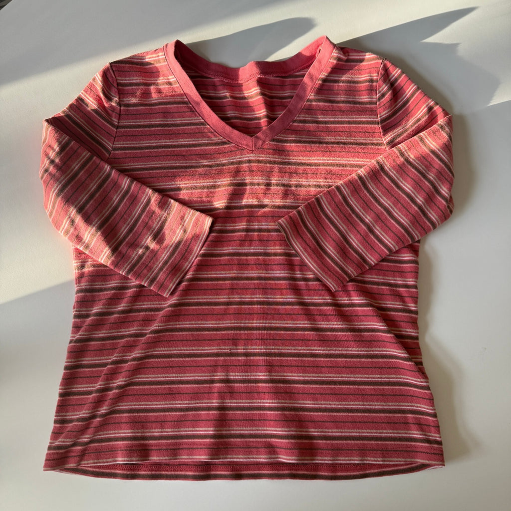 Women's Striped V-Neck Cotton Top in Coral and Brown 100% Cotton
