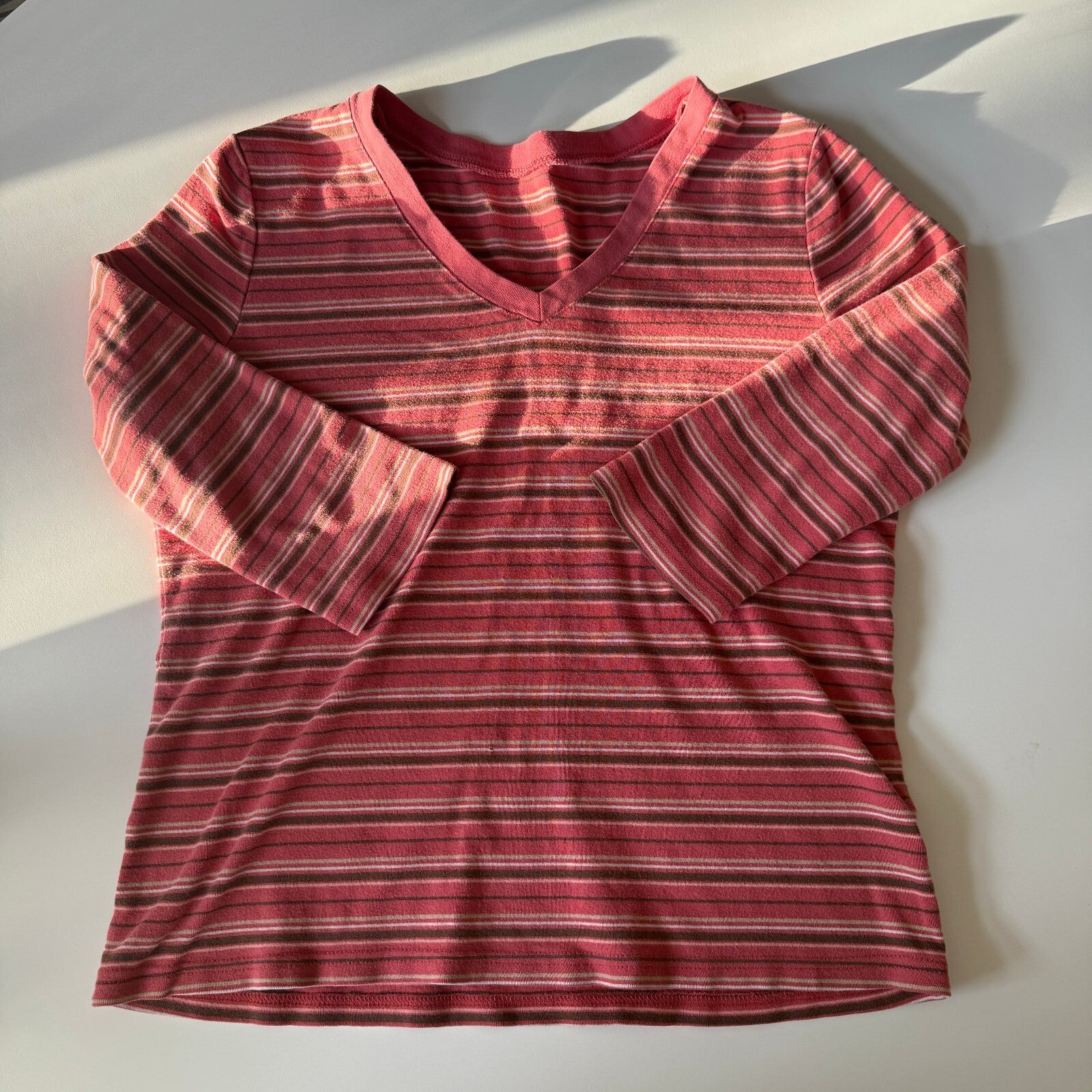 Women's Striped V-Neck Cotton Top in Coral and Brown 100% Cotton