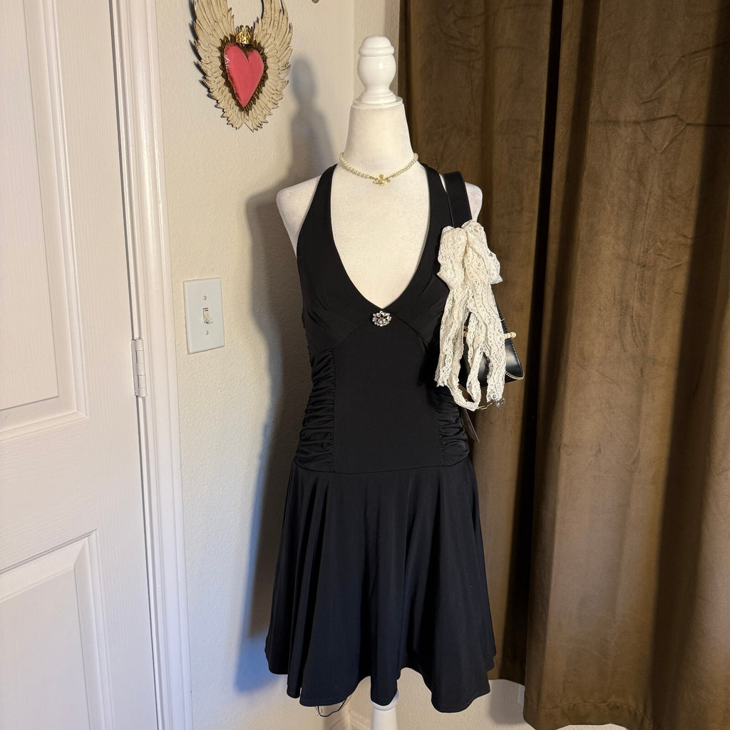 Vintage Jodi Kristopher NWT Black Halter Neck Dress Size Large Made in USA