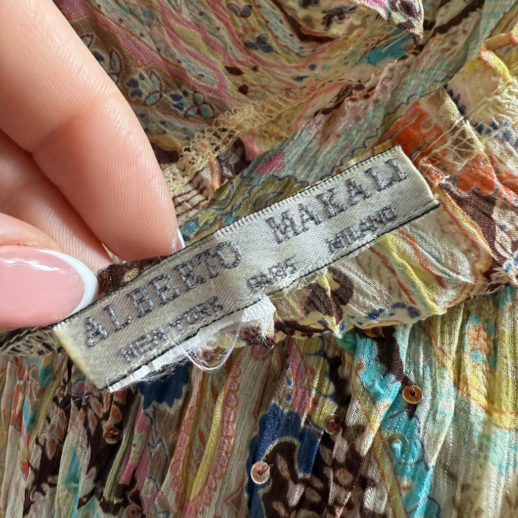 Alberto Makali Vintage-Inspired Long Sleeve Pleated Paisley Blouse in Pastel Mix