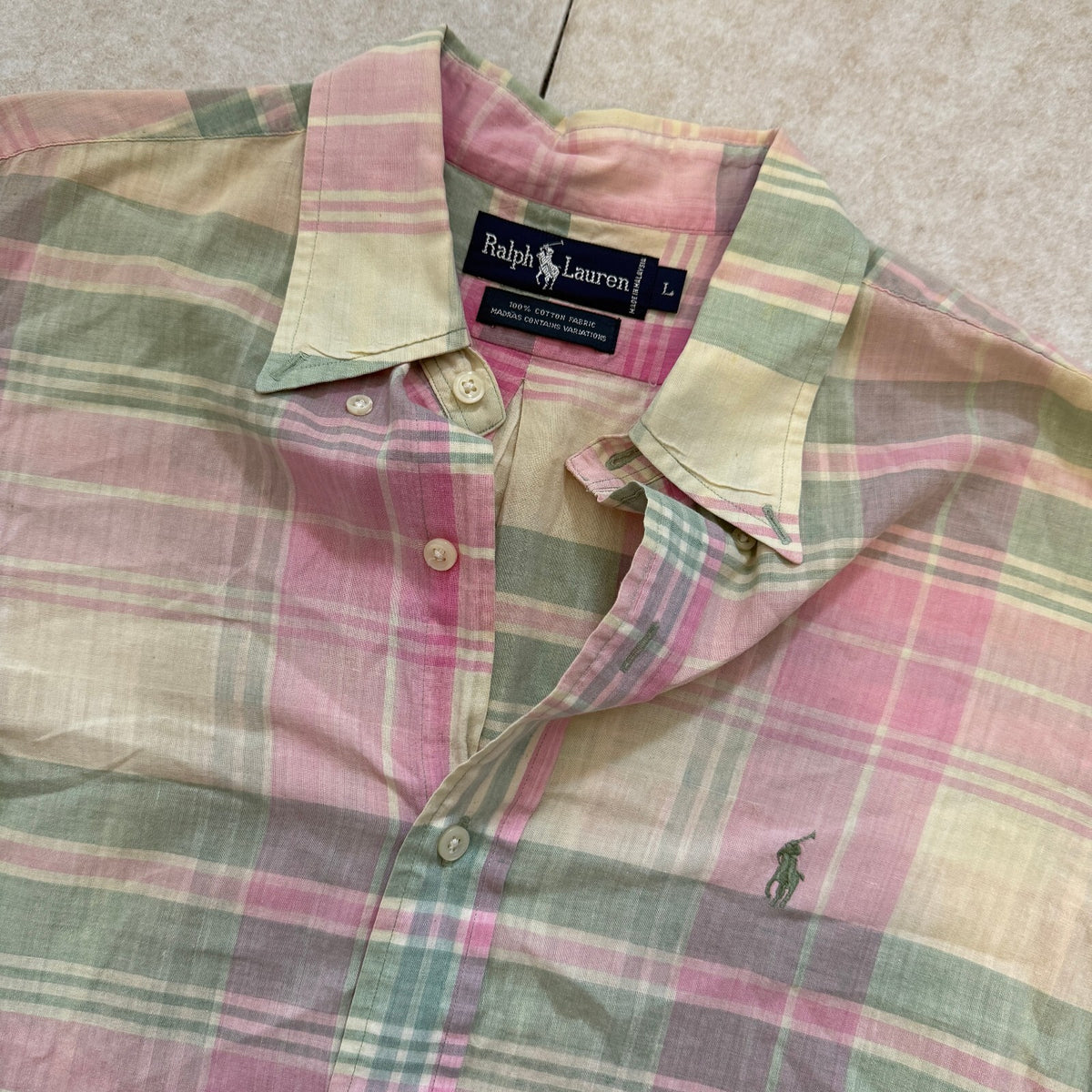 Ralph Lauren Pink Green Madras Plaid Short Sleeve Button Shirt 100% Cotton Sz Lg