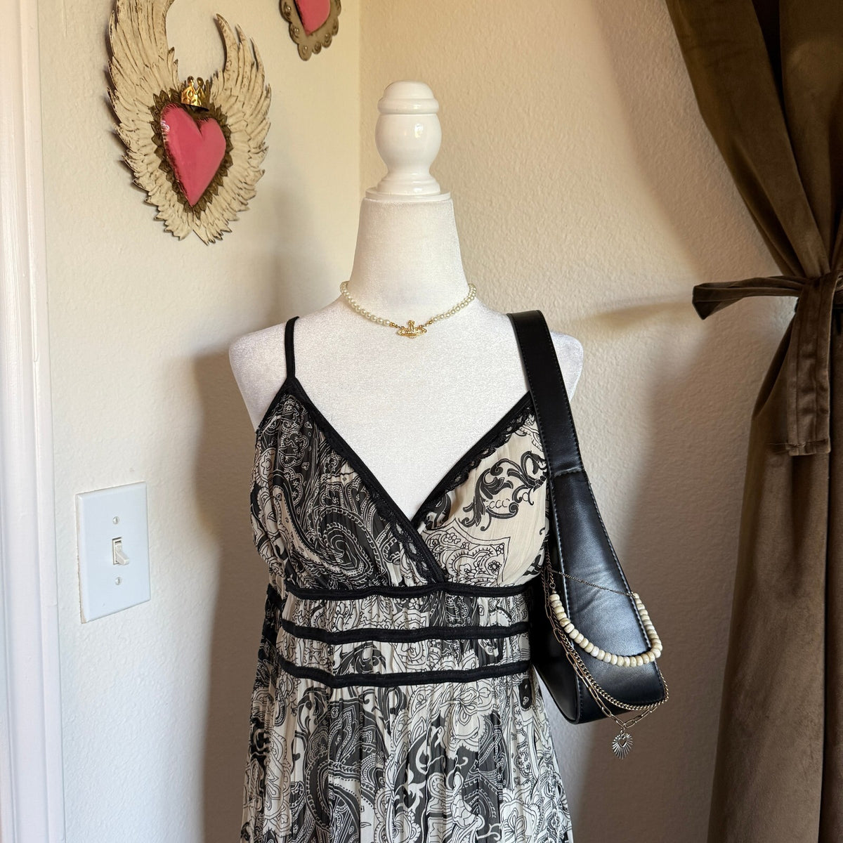 Linea Donatella Whimsigoth Coquette Black and White Paisley Slip Dress Ruffled