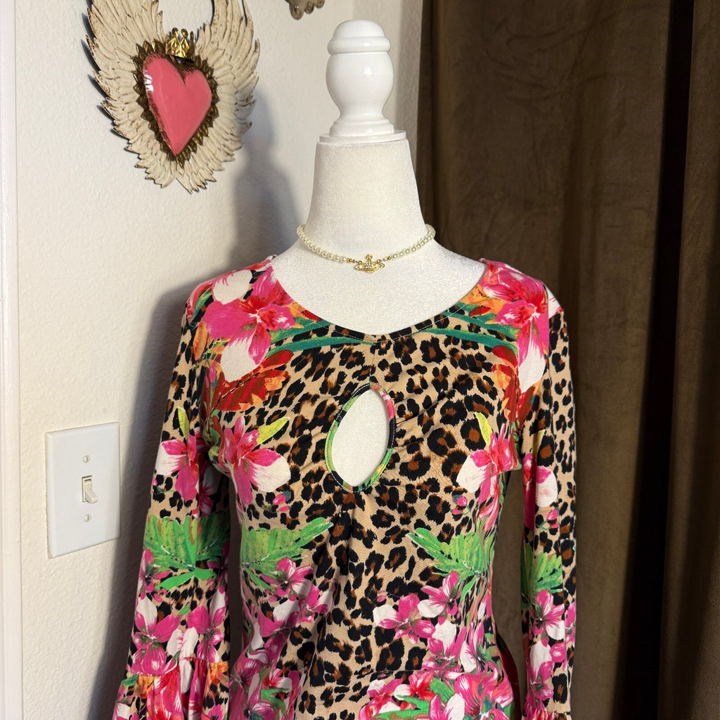 Boston Proper Leopard Funky Y2K Print Flare Sleeve Keyhold Detail Blouse Sz S