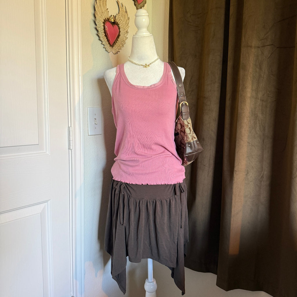 Victoria's Secret Pink Ribbed Ruffled Hem Cotton Modal Blend Tank Top Size XL