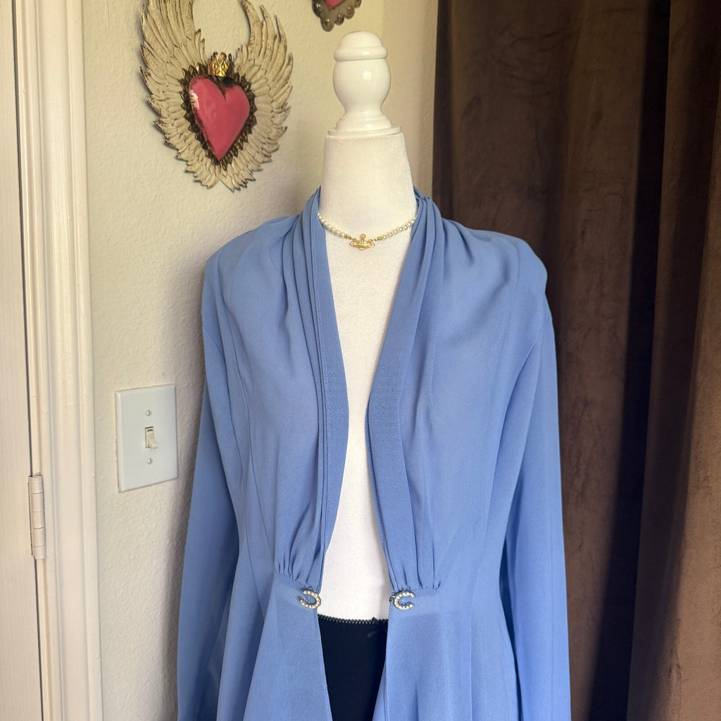 S.L. Fashions Periwinkle Chiffon Waterfall Jacket Rhinestone Ruffle Blingy Sheer