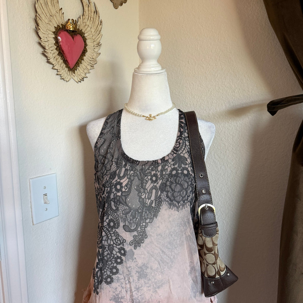 Y2K F.A.N.G. Lace Ruffled Hem Sheer Racerback Tank Top Coquette Girly Frilly Lg