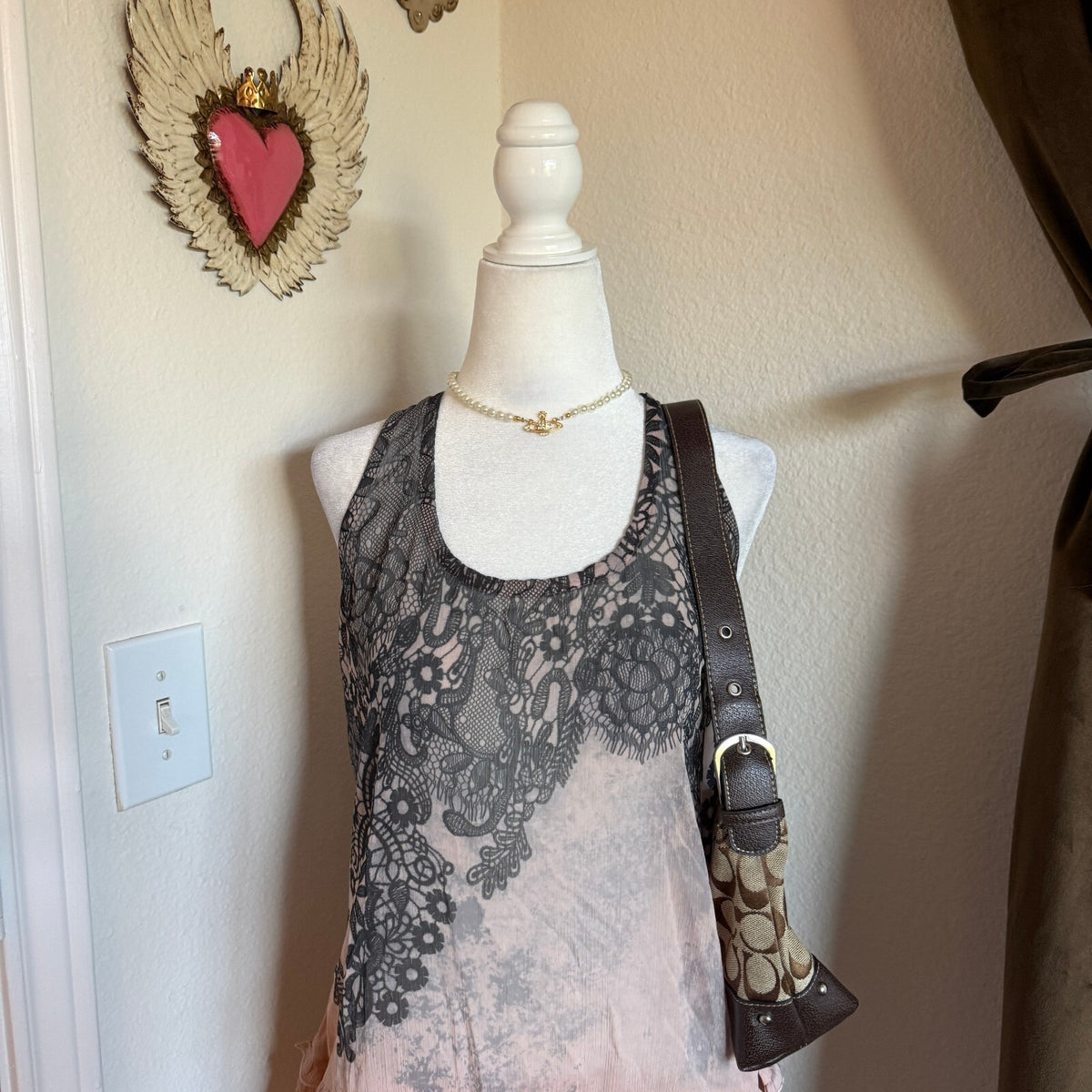 Y2K F.A.N.G. Lace Ruffled Hem Sheer Racerback Tank Top Coquette Girly Frilly Lg