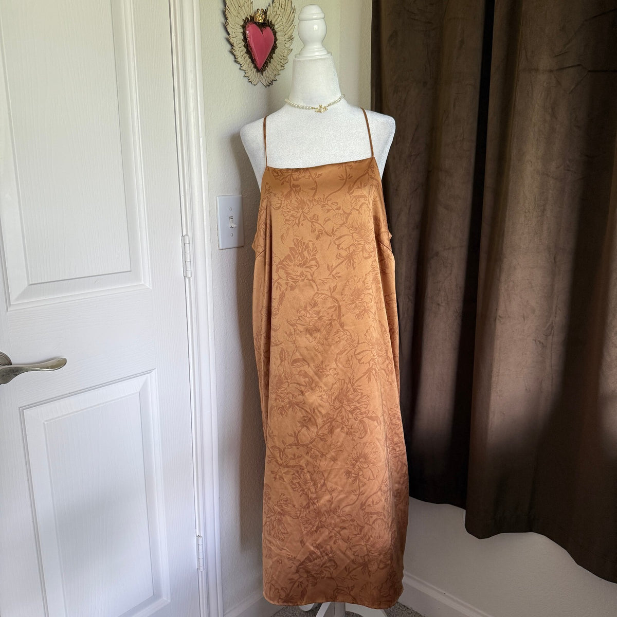Stars Above Target Brand Gold Floral Satin Slip Nightgown Lace Trim Size Large