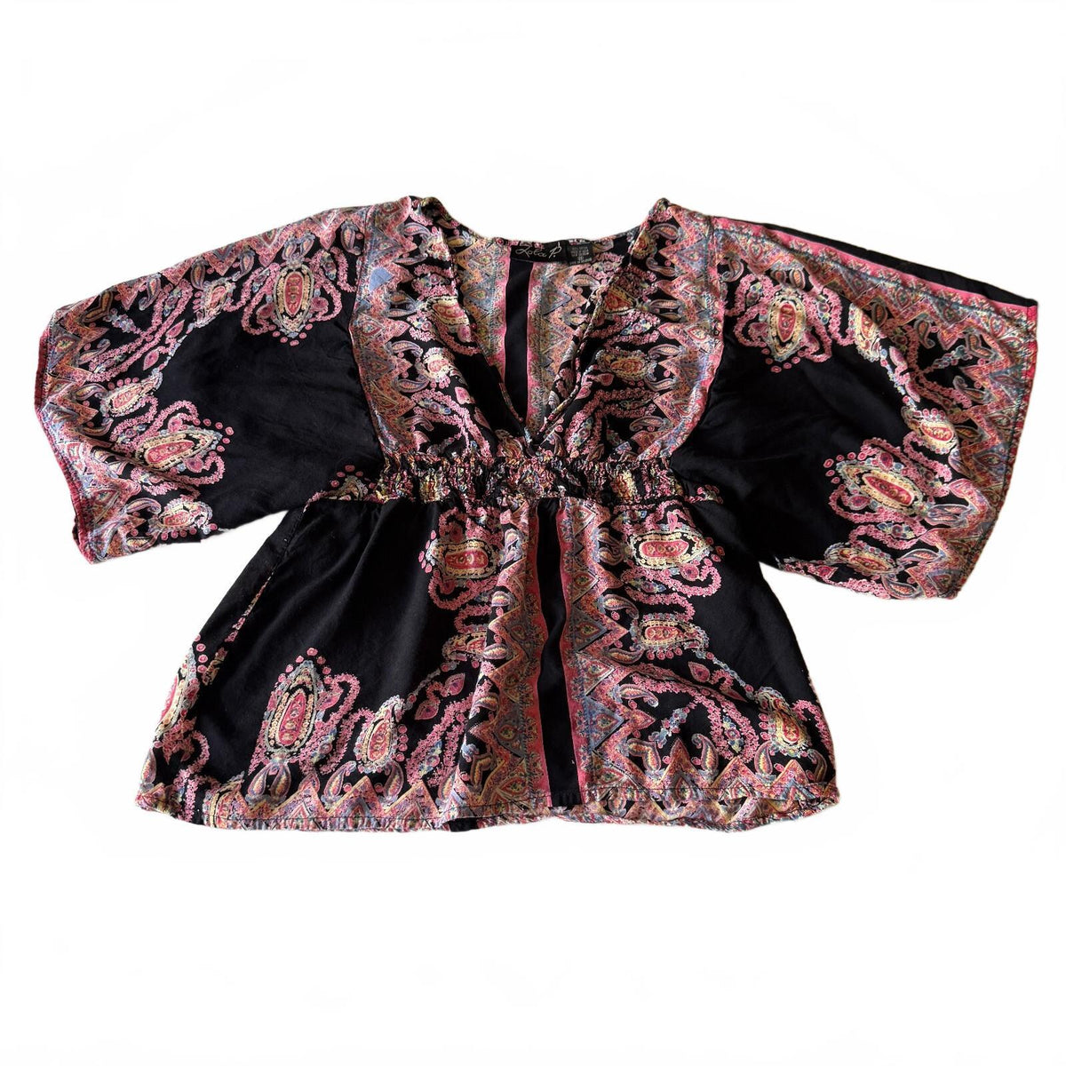 Lola P Black Paisley Print Kimono Butterfly Sleeve Boho Fairycore Whimsical Sz M