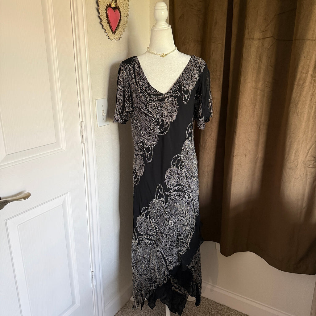 Eva Blue Fairy Beaded Black and White Floral Handkerchief Hem Dress Size 16