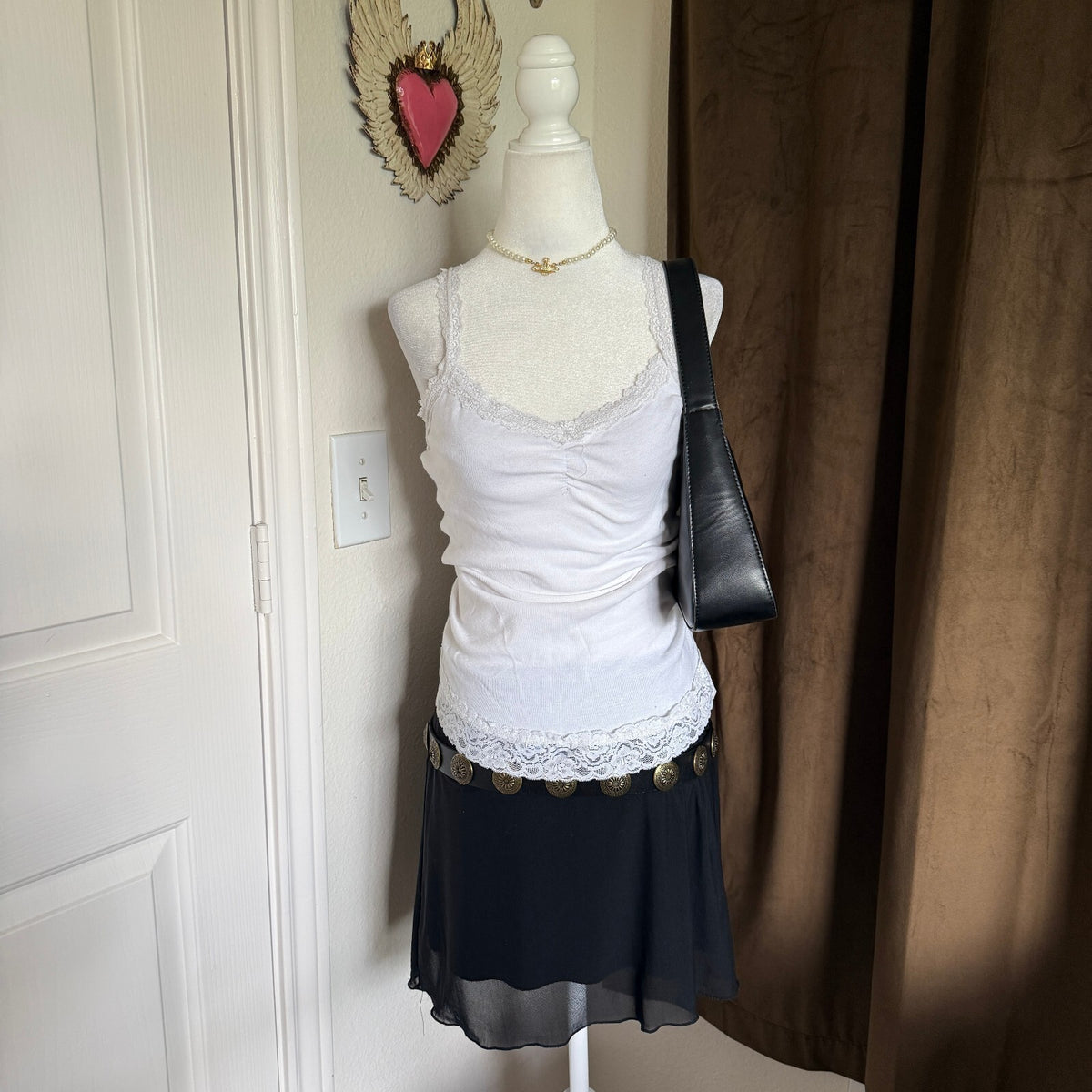 White Lace Trim Cami Bella Swan Coquette Cottagecore Fairycore Y2K Sz M Cotton