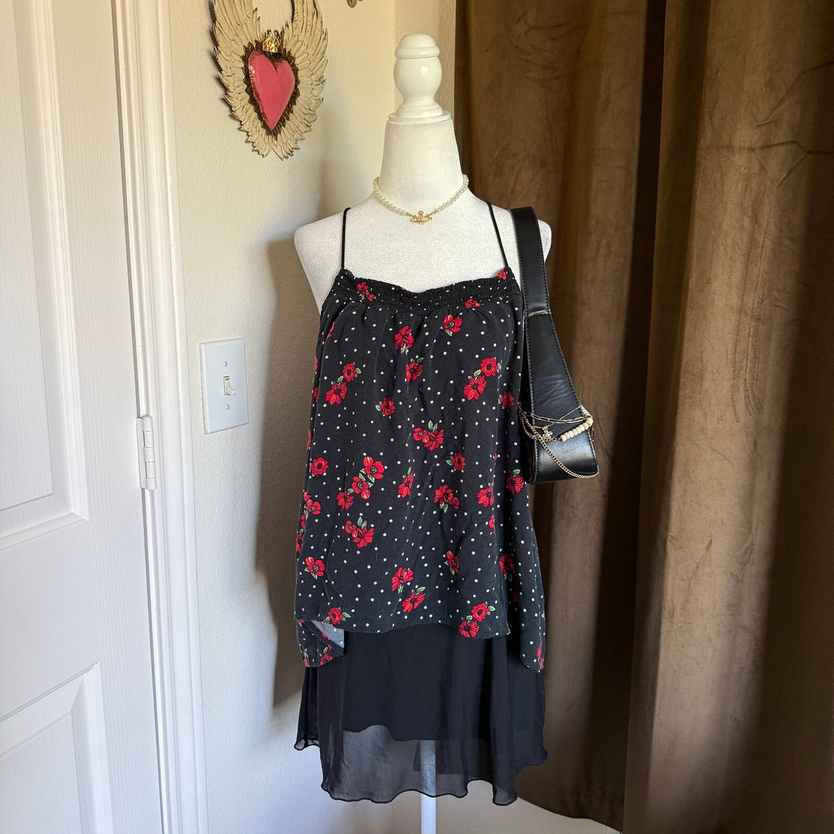 No Boundaries Sz 3X Black Floral Polka Dot Layered Cami Coquette Girly Flowy