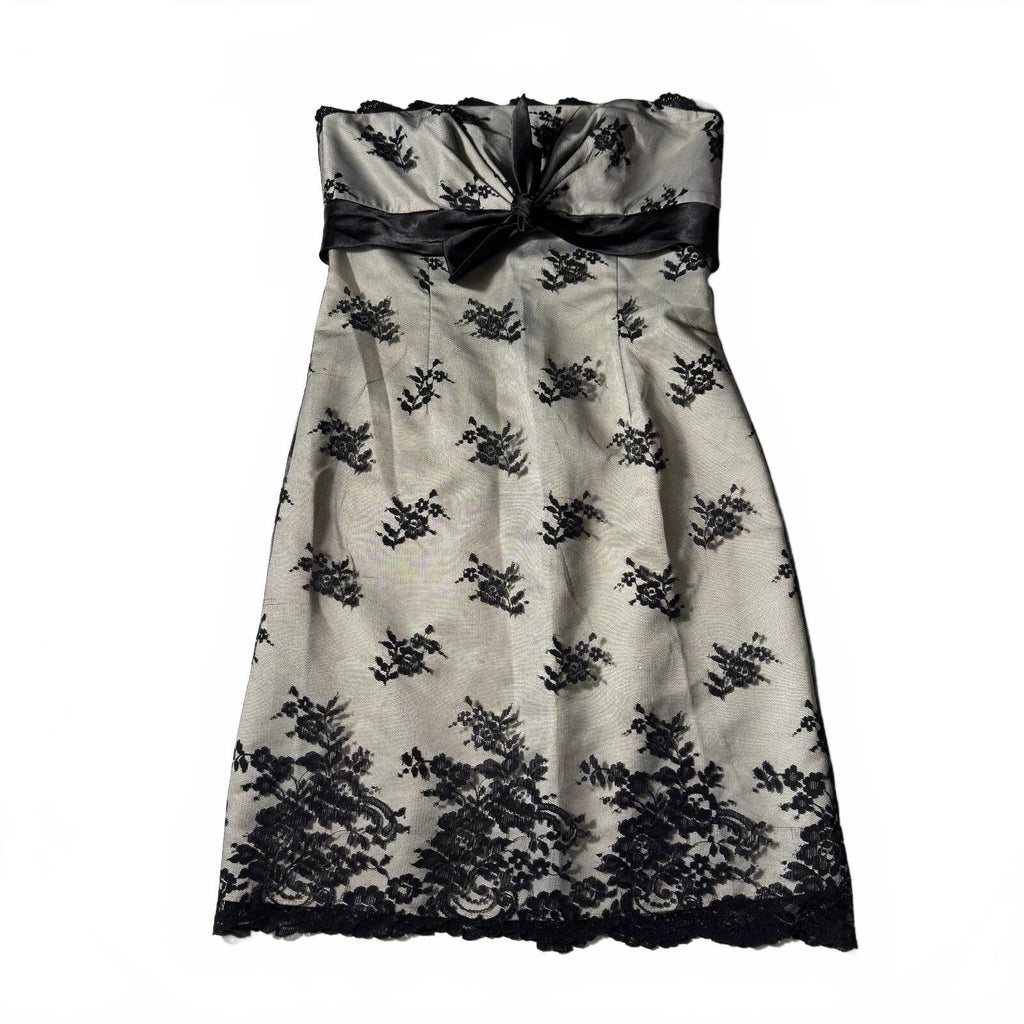 White House Black Market Black Lace Overlay Strapless Dress Bow Detail Sz 6