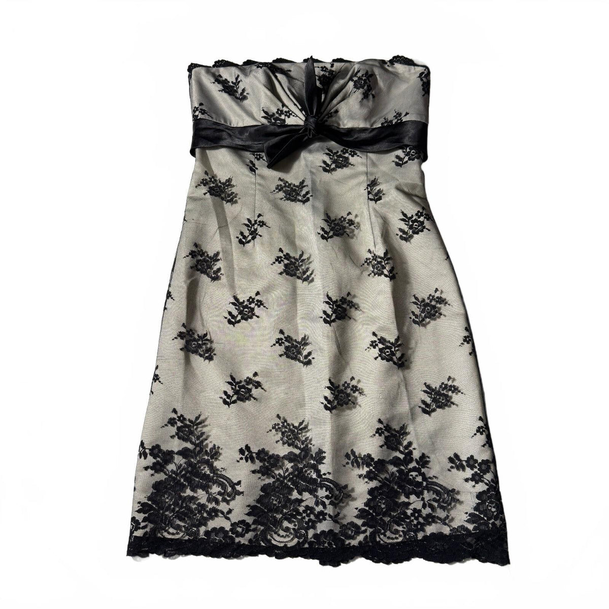 White House Black Market Black Lace Overlay Strapless Dress Bow Detail Sz 6