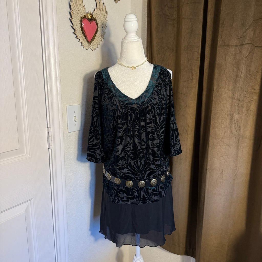Always Indigo Sz S Whimsical Emerald Black Burnout Velvet Cold Shoulder Blouse