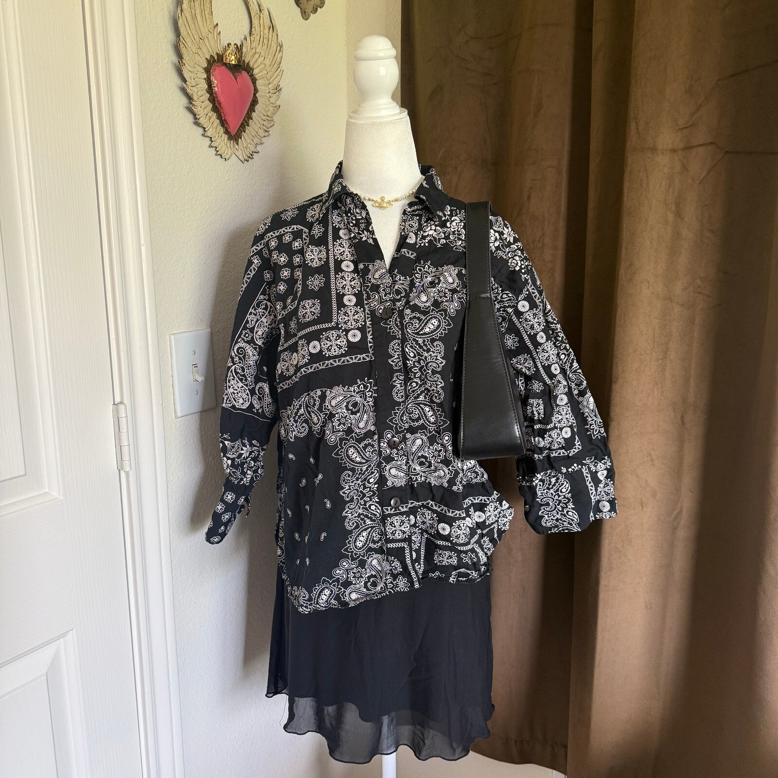 Rebecca Malone Petite Black and White Bandana Print Cotton Button-Up Shirt Sz XL